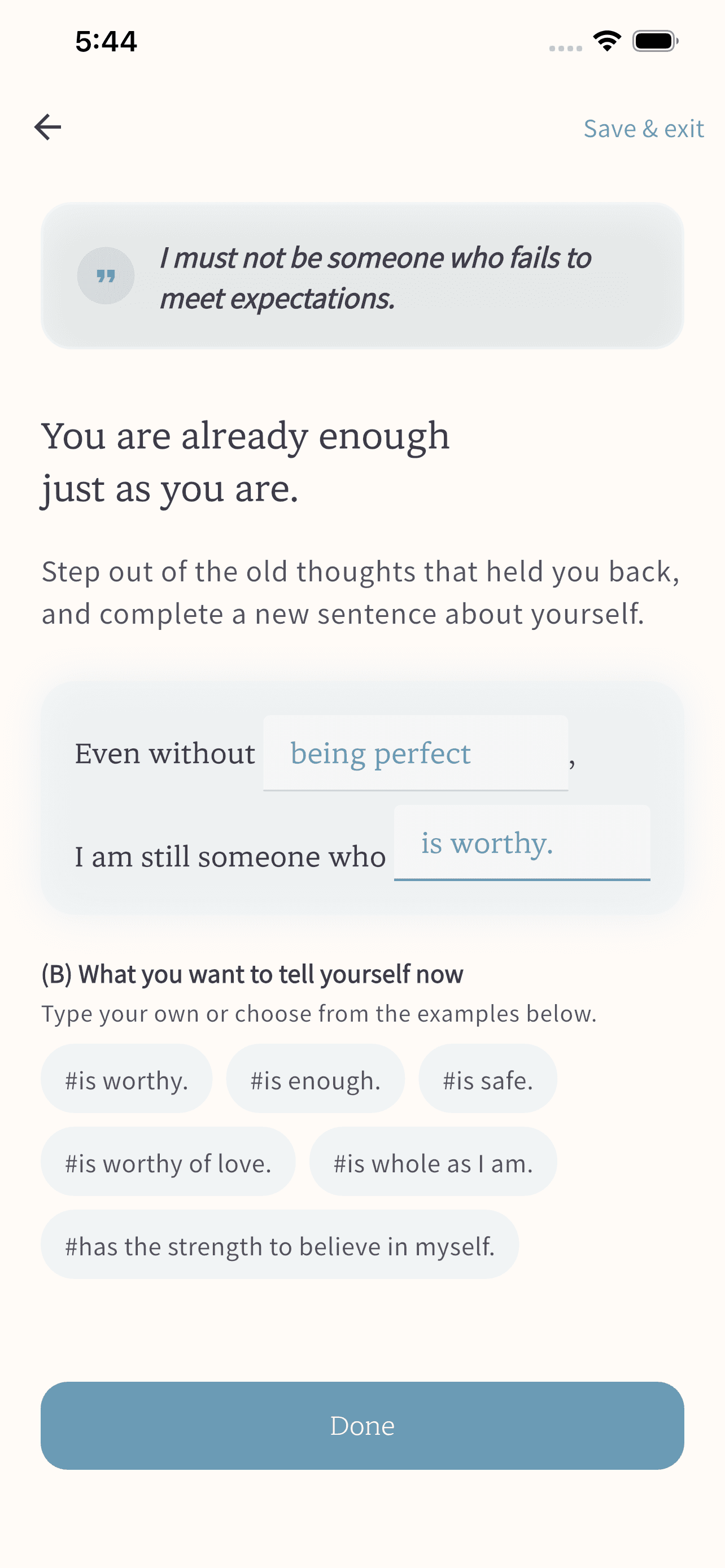 Daily affirmation journal screen—choose reframe line, cognitive reframing in RE:belief